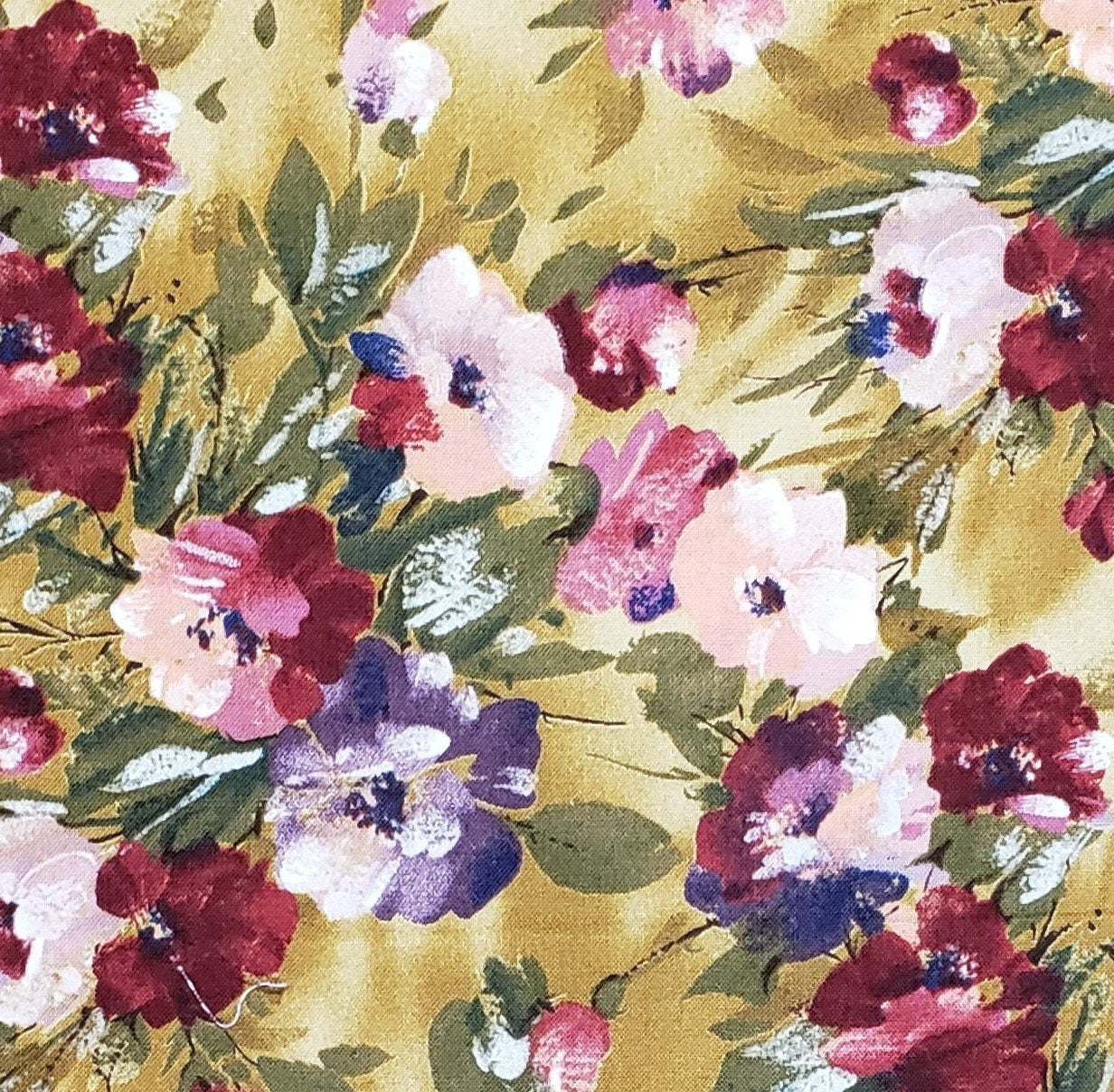 Designed and Produced Exclusively for JoAnn Fabric & Craft Stores-Dark Gold Mottled Fabric/Red, Pink, Purple Watercolor Style Floral Print