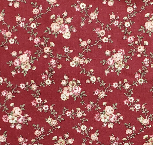 Cranberry Fabric / Vintage Style Pink and Tan Flower Print