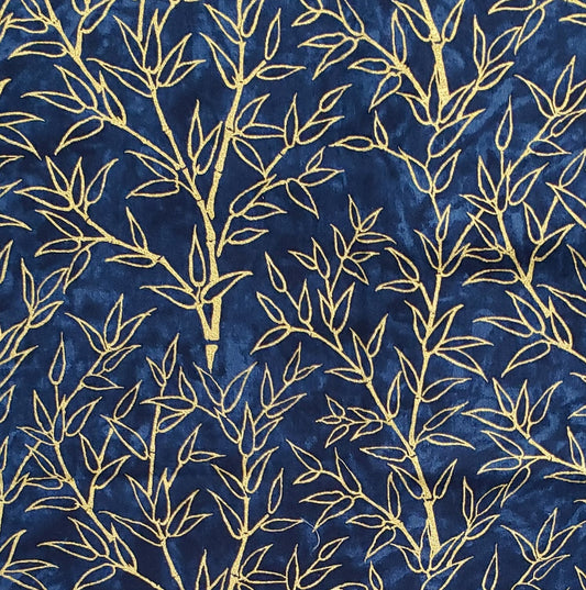 Faye Burgos for Marcus Brothers Textiles, Inc. - Sapphire Blue Tonal Fabric with Metallic Gold Leaf Design