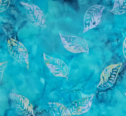 BATIK - Bright Teal Fabric with Lavender and Yellow Leaf Print