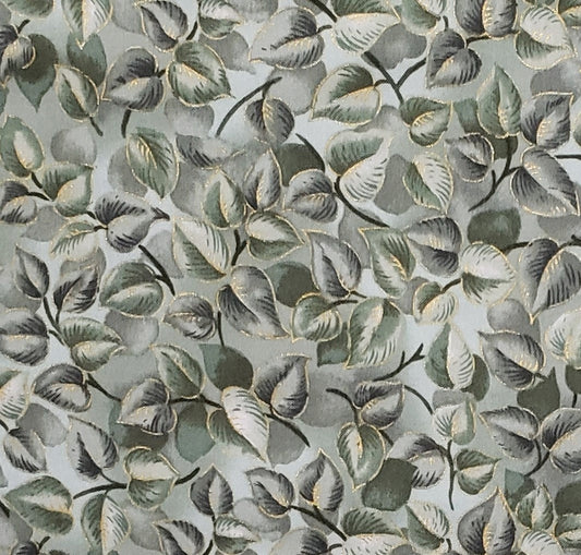 Timeless Treasures Fabrics, Inc. PATT# NATURE-CM7916 - Light Mint Fabric with Tone-on-Tone Leaf Print and Gold Metallic Outlines