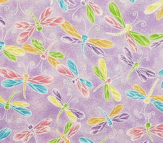 Fabric Traditions 2007 - Lavender Tonal Fabric / Brightly Colored Pastel Dragonflies / Silver Glitter