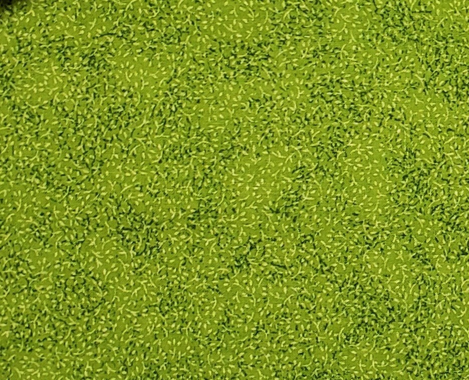 Bright Green Fabric / Tiny White and Dark Green Vine Print