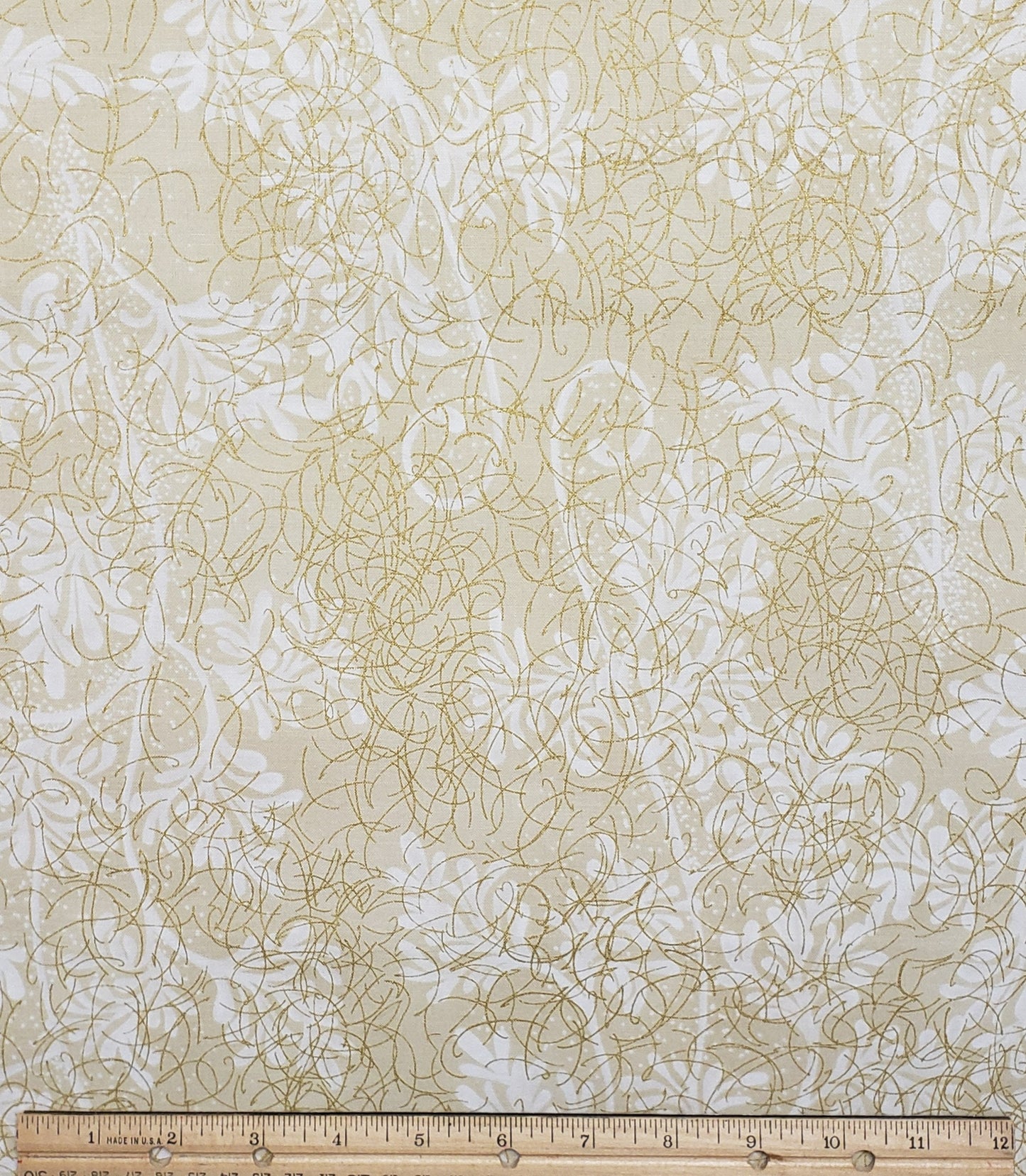 Paint Box by Lonni Rossi for Andover Fabrics Pattern #3541 - Tan Fabric with Large White Vine Print and Gold Metallic Accents