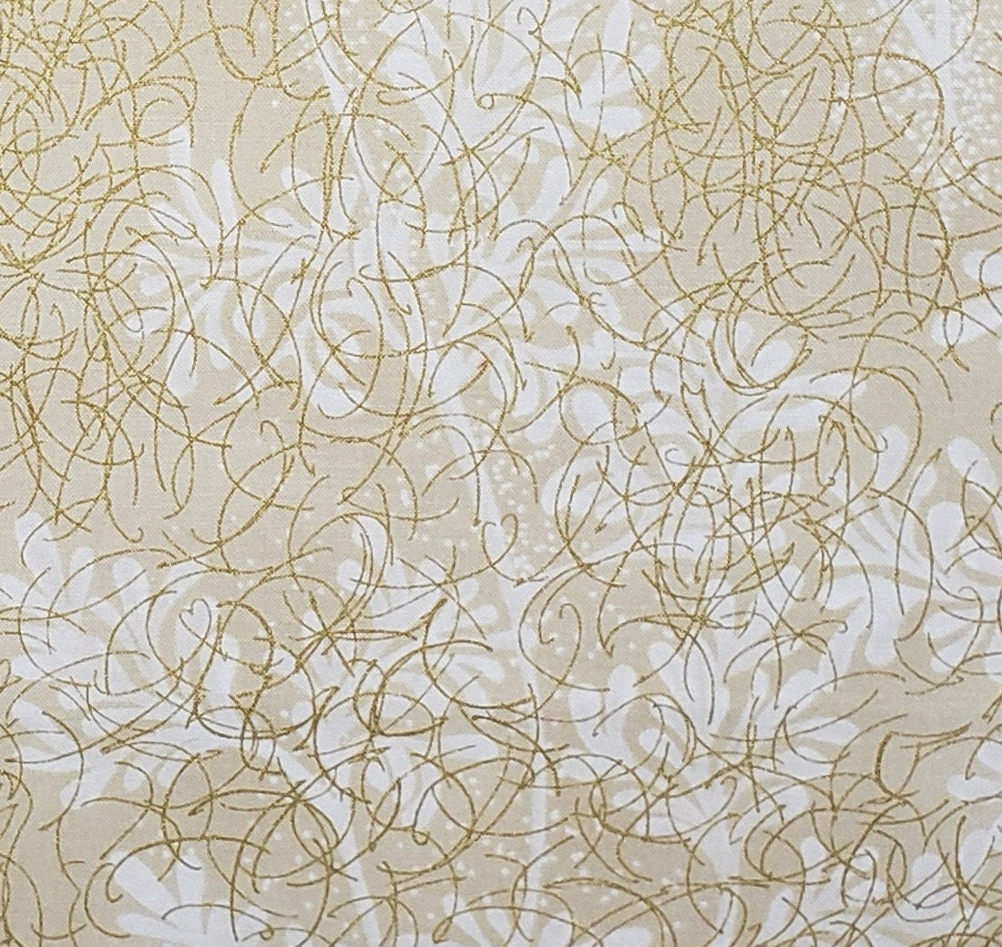 Paint Box by Lonni Rossi for Andover Fabrics Pattern #3541 - Tan Fabric with Large White Vine Print and Gold Metallic Accents