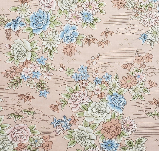 Asian Splendor by Artistic Expressions - Light Pink Fabric / Bunches of Tan, Pink and Blue Flowers/Light Olive Green Leaves / Gold Detailing