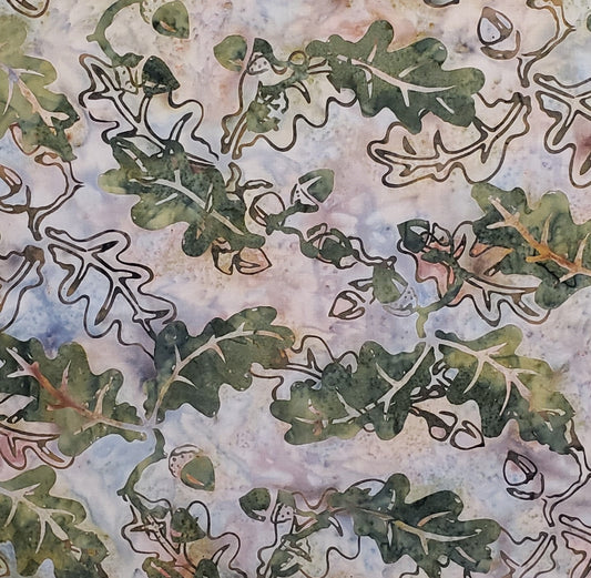 BATIK - Blue / Gray / Green / Brown Fabric with Oak Leaf and Acorn Print