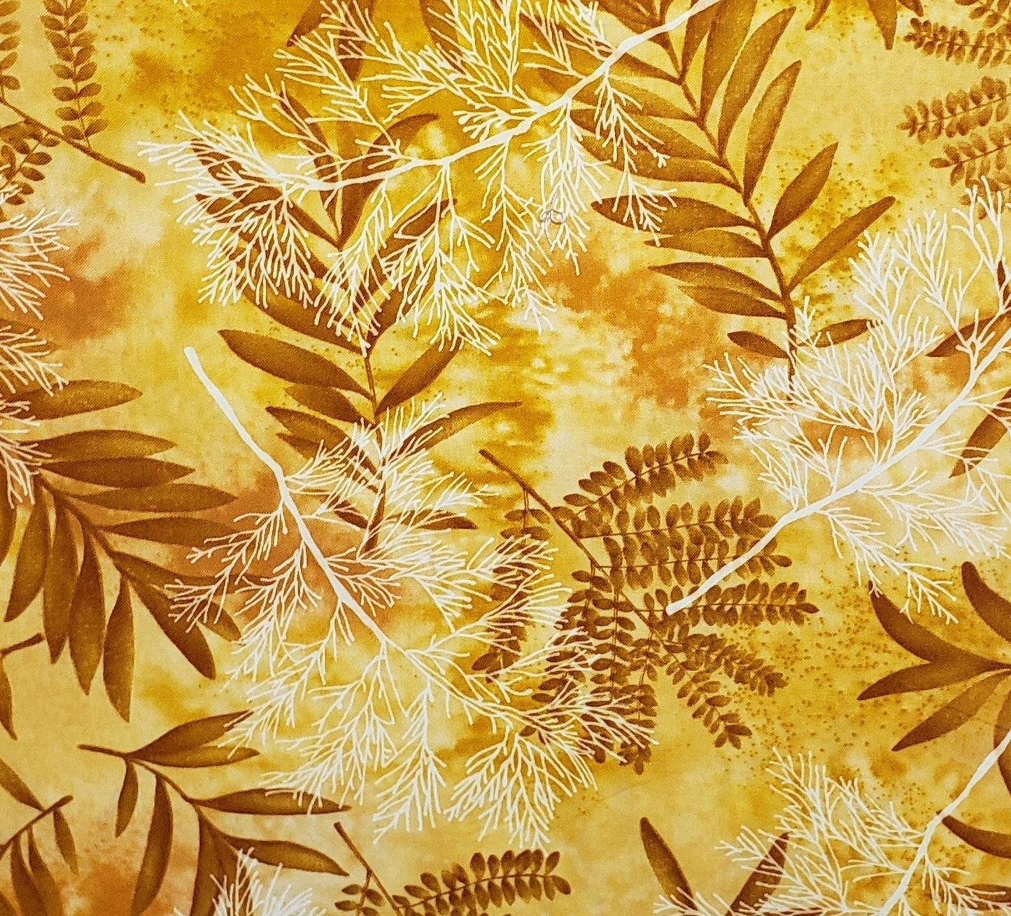 Timeless Treasures Fabrics, Inc. Patt # FERN-C6323 - Dark Yellow and Gold Tonal Fabric / Darker Gold Fern Print and White Branches