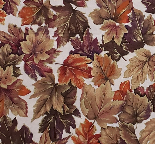 EOB - A VIP Print Cranston Print Works Co - Pale Beige Fabric / Autumn Leaf Print in Tan, Brown, Rust and Burgundy / Gold Detailing