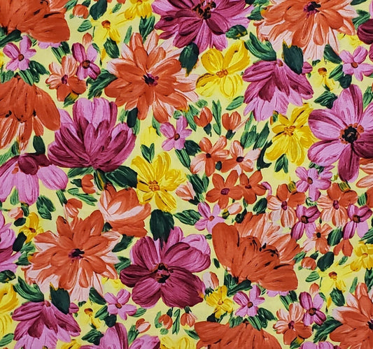 Patt. 3014 - Bright Yellow Fabric / Dark Pink, Burgundy, Orange Flowers with Dark Green Leaves