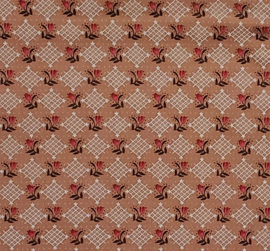 Fabric Traditions 2001 NTT, Inc. - Light Brown Fabric / Gray Diamond Design with Rosebud in the Center