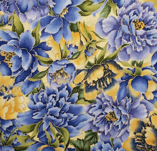 Exclusively Jo-Ann's R.E.D. International Textiles - Large Flower Print Fabric in Yellow, Blue and Purple with Gold Metallic