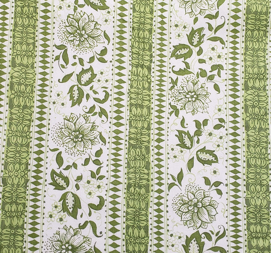 Bates Fabric, Inc. - Vintage White Fabric / Green Tonal Flower and Leaf Stripe Print / 37" WIDE