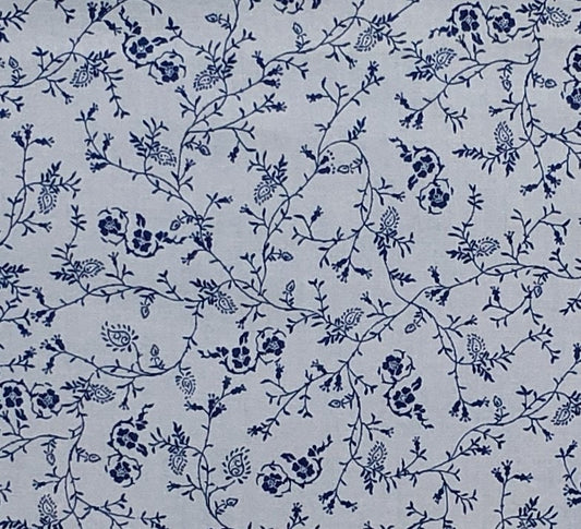 Light Blue Fabric / Dark Blue Flower and Vine Print - Selvage to Selvage Print