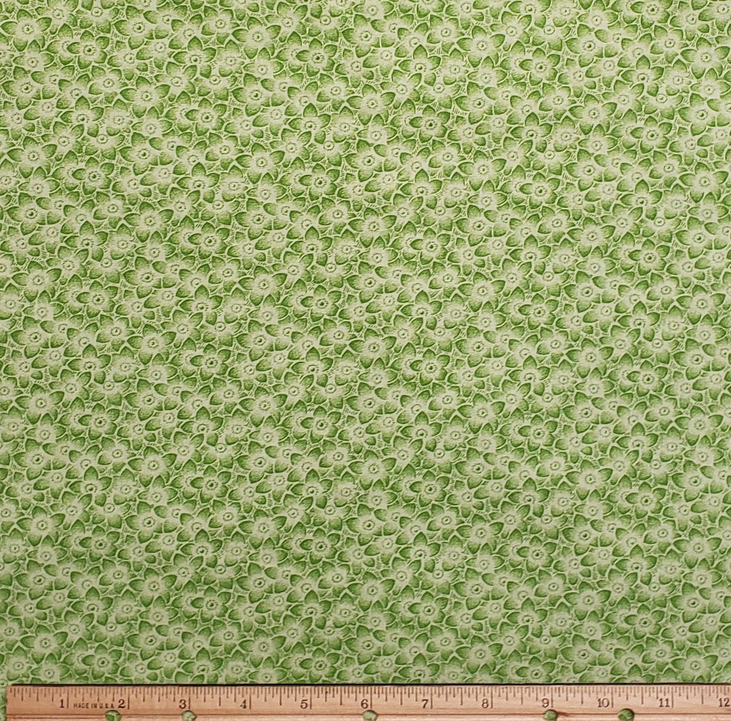 Cream Fabric / Green "Sponged" Flower Print - Selvage to Selvage Print