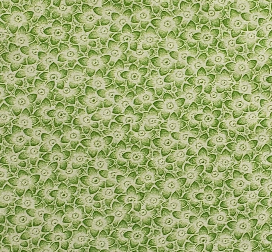 Cream Fabric / Green "Sponged" Flower Print - Selvage to Selvage Print