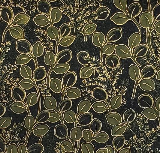 Kimono Collection Fabric Innovations Screen Print D#4361 - Dark Green Fabric / Dark Olive Leaf Print with Gold Metallic Detail