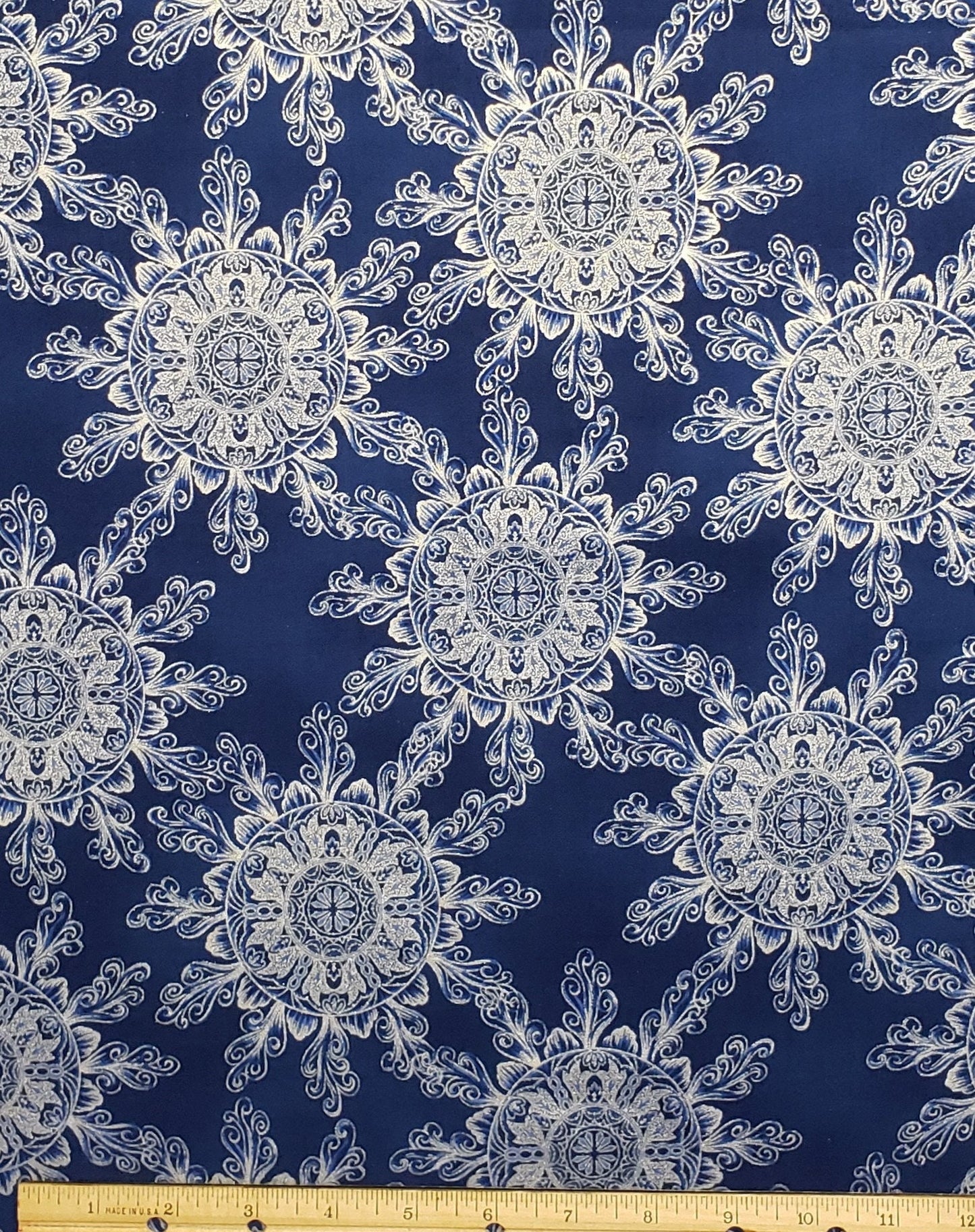 Holiday Renaissance Style#G8574 by Hoffman California International Fabrics - Dark Blue Fabric / Silver Foil Medallion Print