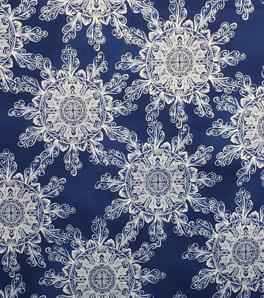 Holiday Renaissance Style#G8574 by Hoffman California International Fabrics - Dark Blue Fabric / Silver Foil Medallion Print