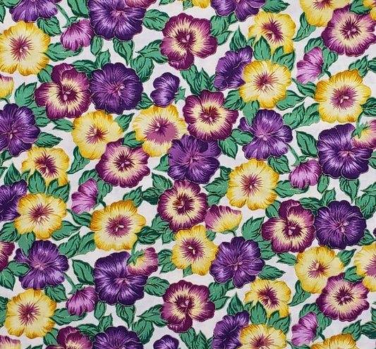 Printed Exclusively for Jo-Ann Stores - Purple, Yellow and Magenta Pansy/Violet Print with Gold Metallic Detail on White Fabric