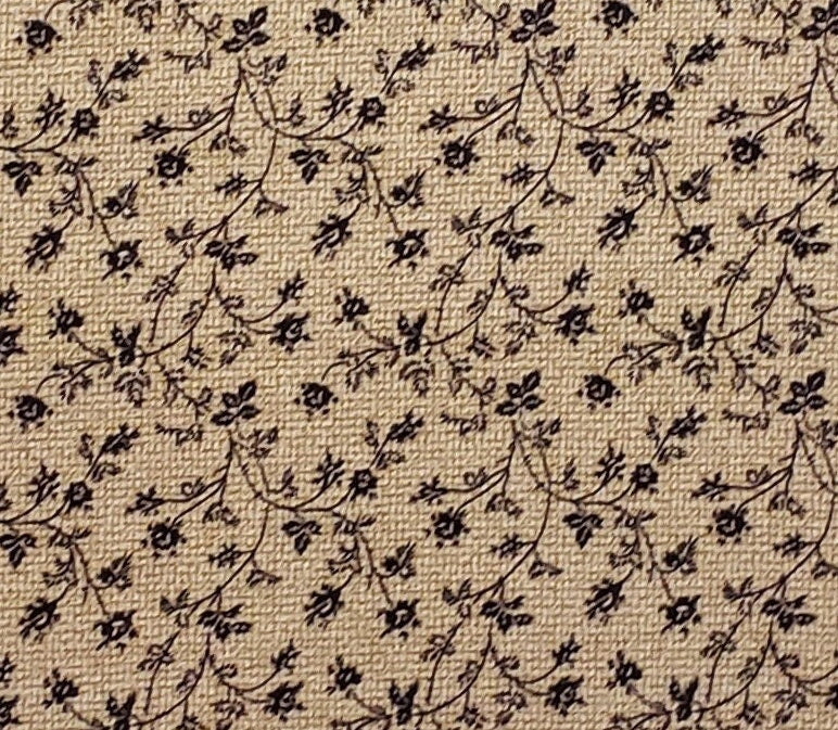 Baum Textile, Inc. - Reproduction Style Light Brown Fabric with Crosshatch Pattern Background / Dark Brown Leaf and Vine Pattern