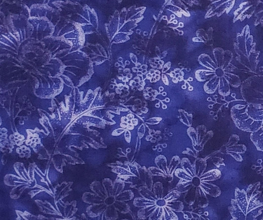 Seattle Bay Fabrics 2008 Design# FLOW-03 - Dark Violet Blue Tonal Fabric / White Silhouette Flower and Leaf Pattern