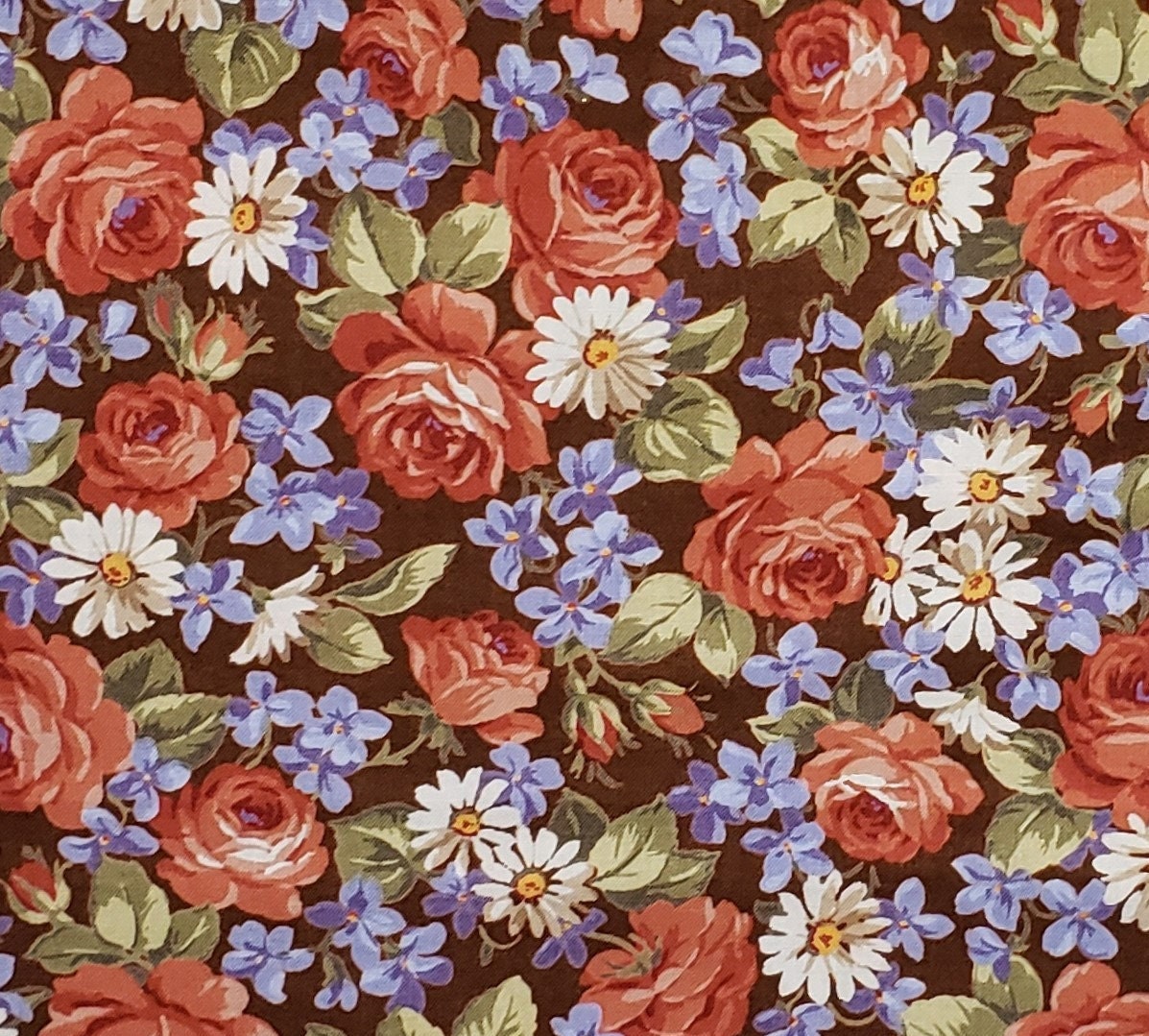 Concord Fabrics "Roses Are For June" - Dark Coral Rose Print on Dark Brown Fabric / Light Blue, White and Green Flowers and Leaves