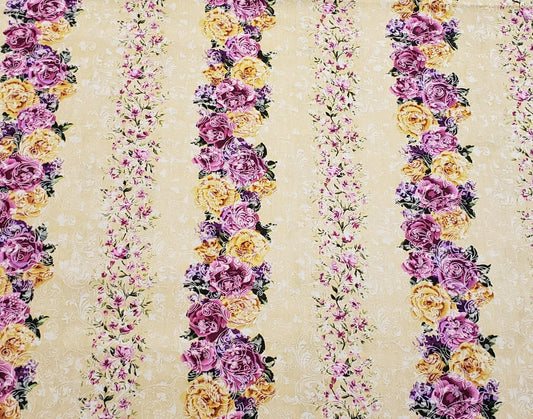 EOB - Designed and Produced Exclusively for JoAnn Fabric and Craft Stores-Tan Fabric/Magenta and Gold Flower Stripe/Light Tan Filigree Background