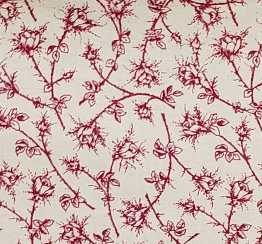 Oatmeal Fabric / Reproduction Style Dark Red Rose Print - Selvage to Selvage Print