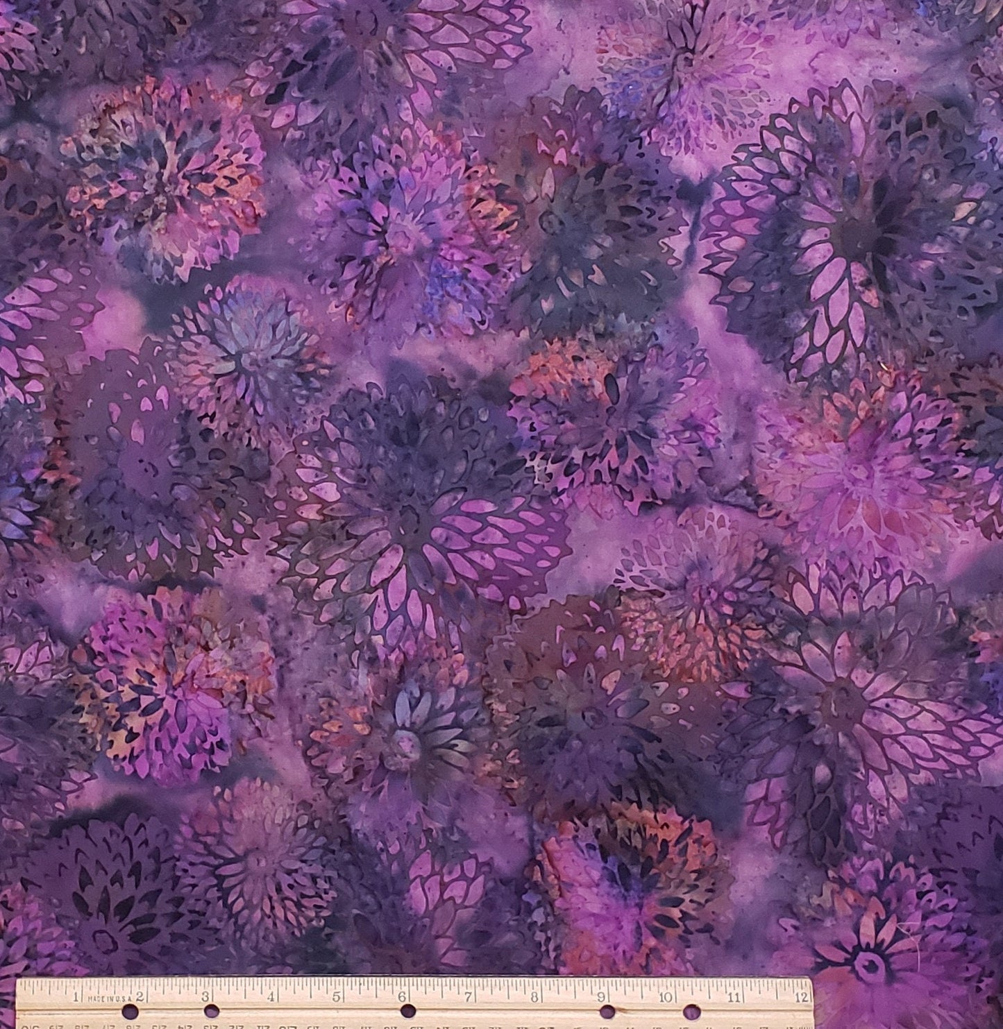 BATIK - Purple / Magenta / Green / Orange "Chrysanthemum" Pattern Fabric