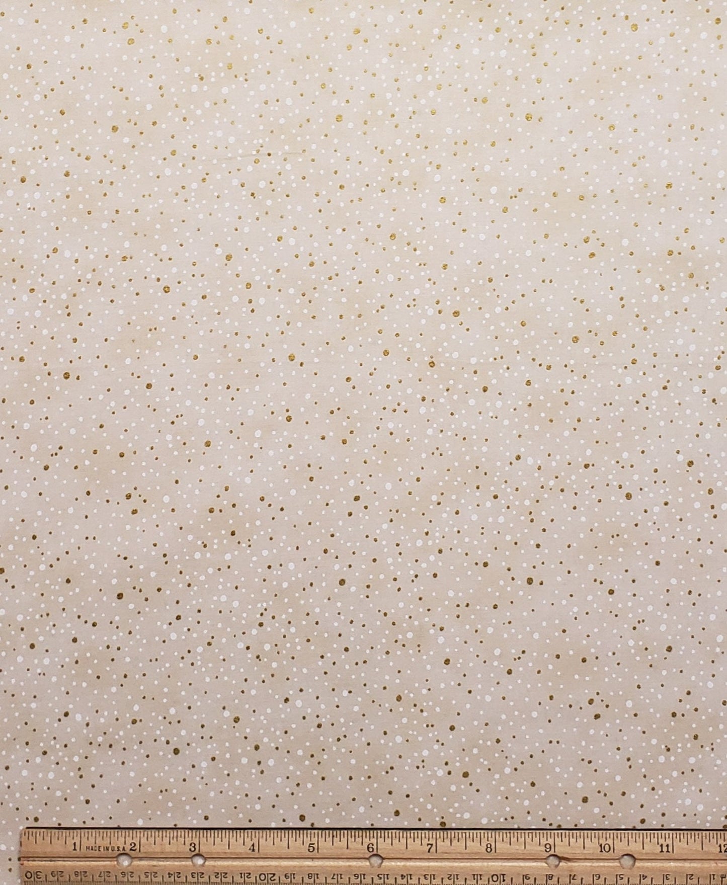 Light Tan Tonal Fabric / White and Gold Metallic Spots