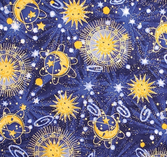 Fit to Print, Inc. D# ABBRA-CM1712 - Gold Celestial Print on Dark Blue Tonal Fabric / Gold Metallic Detail