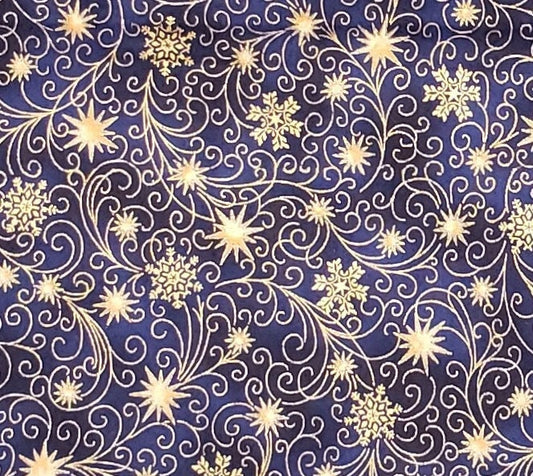 Mary Mary! Style #C984 by Hoffman California International Fabrics-Dark Blue Tonal Fabric/Gold Stars/Gold Metallic Scroll & Snowflake Print