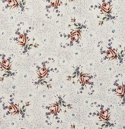 EOB - Designed for Peter Pan Fabrics, Inc. Pattern 1067 - Soft White Fabric / Gray Background / Vintage Style Rose Print