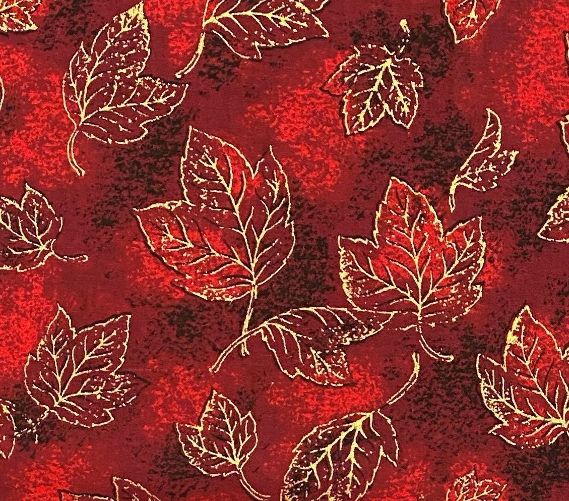 Dark Red Tonal Fabric / Metallic Gold Leaf Print