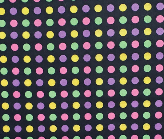 Designed and Produced Exclusively for JoAnn Fabric and Craft Stores - Bright Pastel Dots on Black Fabric