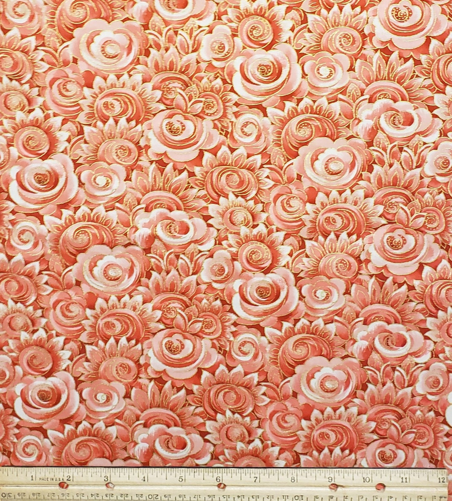 F772 Camden Café Designed by Fabric Freedom in London England - Coral Tonal Flower Print / Gold Metallic Accent