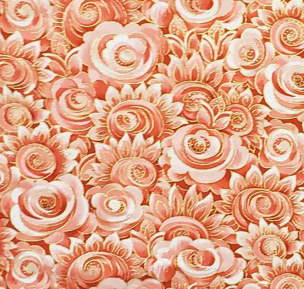 F772 Camden Café Designed by Fabric Freedom in London England - Coral Tonal Flower Print / Gold Metallic Accent