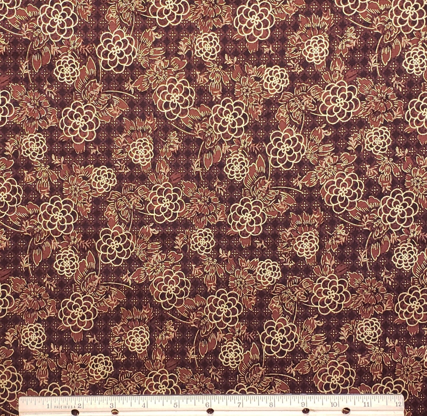 Robert Kaufman Screen Print D#4641 Imperial Collection - Dark Brown Fabric/Brown Diamond Background/Brown Flower Print/Gold Metallic Detail