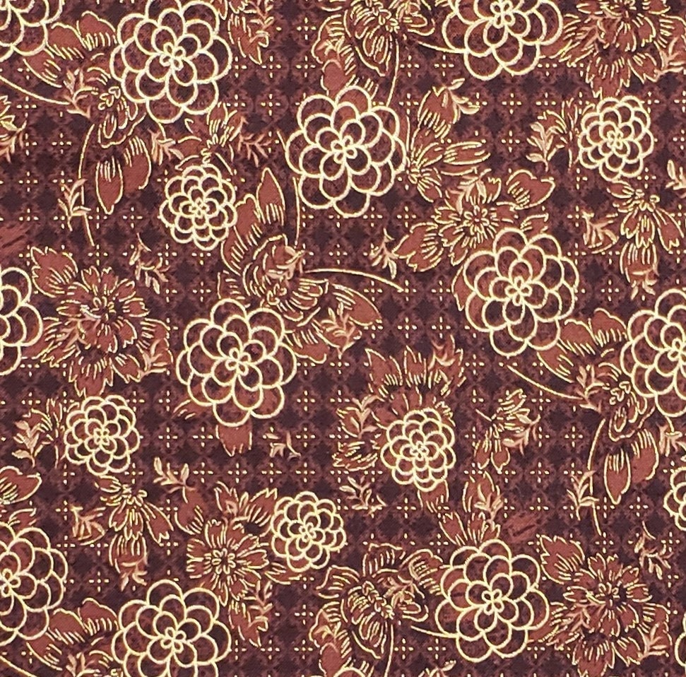 Robert Kaufman Screen Print D#4641 Imperial Collection - Dark Brown Fabric/Brown Diamond Background/Brown Flower Print/Gold Metallic Detail