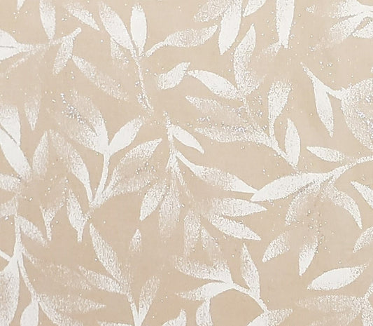 Light Beige Fabric / Cream Leaf Design / Allover Silver "Frost"