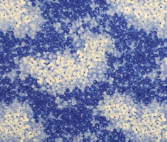 White and Blue Tonal Abstract Hydrangea Print Fabric - Selvage to Selvage Print