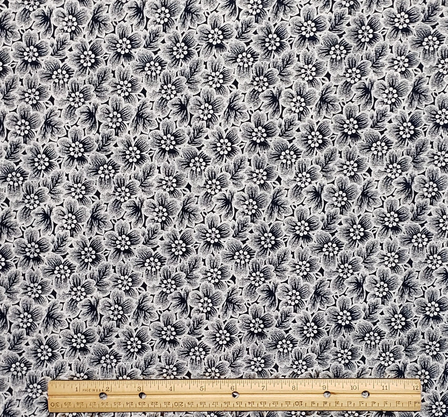 Dark Blue Fabric / White Flower Overlay Design - Selvage to Selvage Print