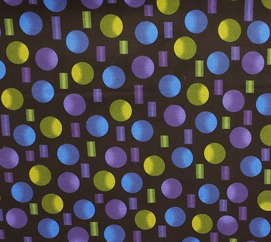 Designed and Produced Exclusively for JoAnn Fabric and Craft Stores - Black Fabric / Purple, Blue and Green Large Dots and Rectangles Print