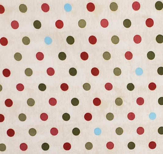 Designed and Produced Exclusively for JoAnn Fabric and Craft Stores - Oatmeal Tonal Fabric / Red, Green and Blue Polka Dot Print