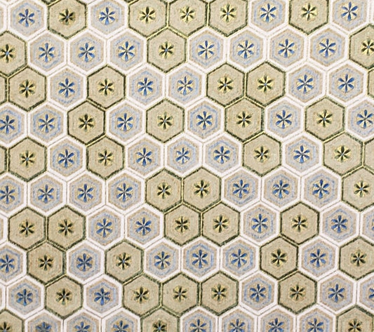 EOB - Legacy Studio "Kimono Collection" Screen Print D#8623 - Tan, Blue and Green Hexagon Print Fabric / Gold Metallic Detail