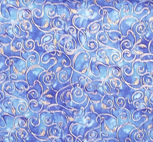 Judy Hand for Robert Kaufman Fusions Screen Print D#5572 - Blue Tonal Fabric / Gold Metallic Vine and Leaf Pattern