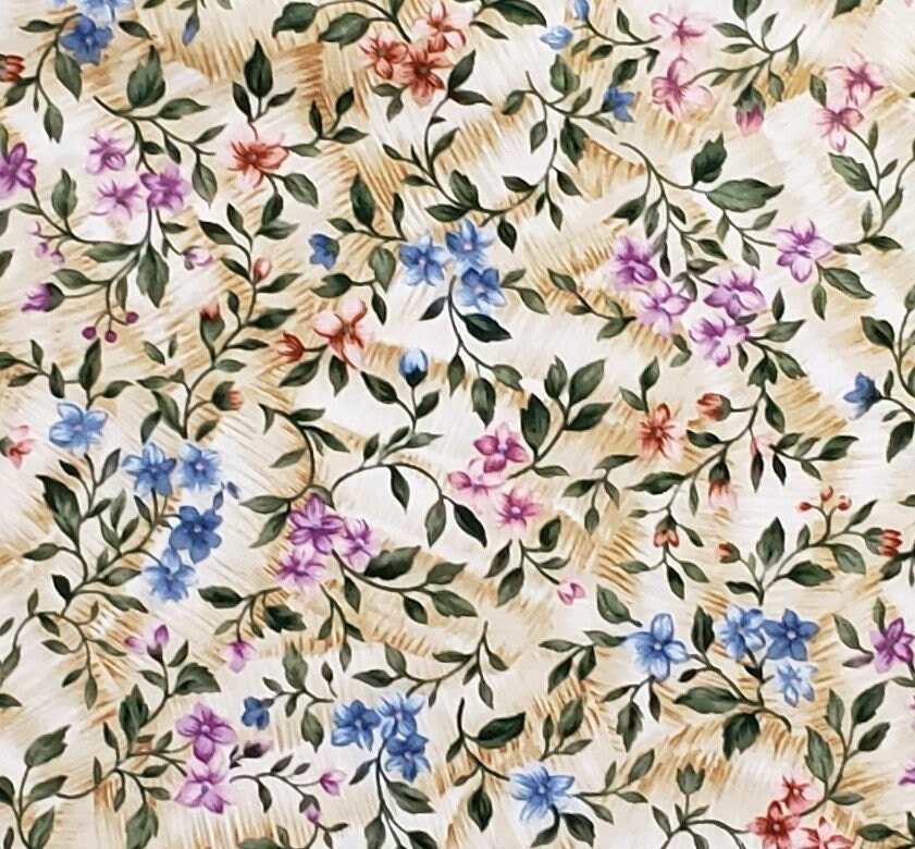 Nantucket #2564 by Ro Gregg - Quest for a Cure-Northcott Fabrics-White & Brown Tonal Fabric/Blue, Purple, Red Flower Print/Dark Green Leaves