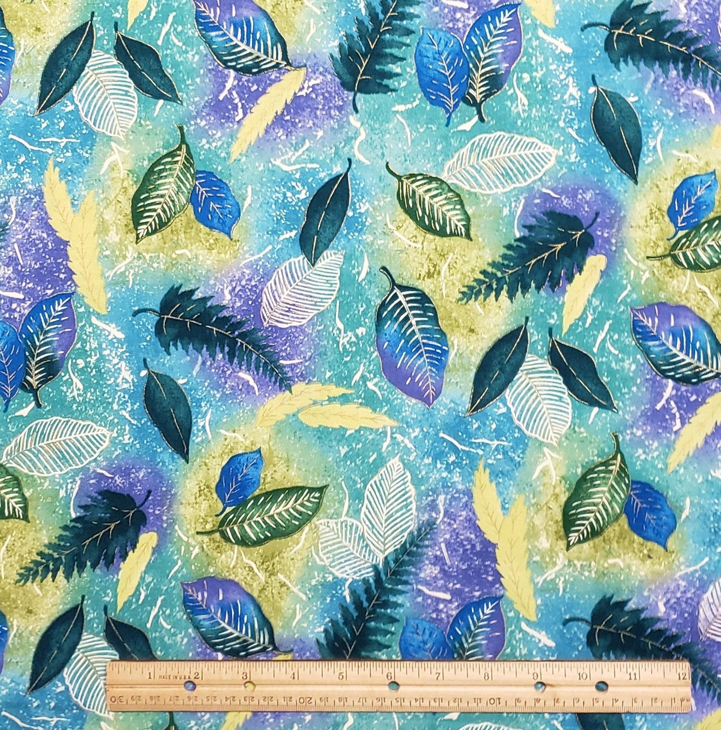 Timeless Treasures Fabrics Patt #NATURE-CM6340 - Blue / Purple / Teal Tonal Fabric with Leaf Print and Gold Metallic Detail