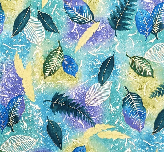 Timeless Treasures Fabrics Patt #NATURE-CM6340 - Blue / Purple / Teal Tonal Fabric with Leaf Print and Gold Metallic Detail